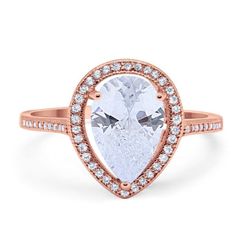 14K Rose Gold Halo Teardrop Bridal Ring Pear Round Cubic Zirconia Size-7